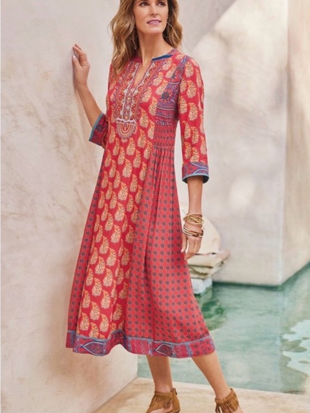 Soft Surroundings Colorful Red Print Maxi Dress with Blue Trim